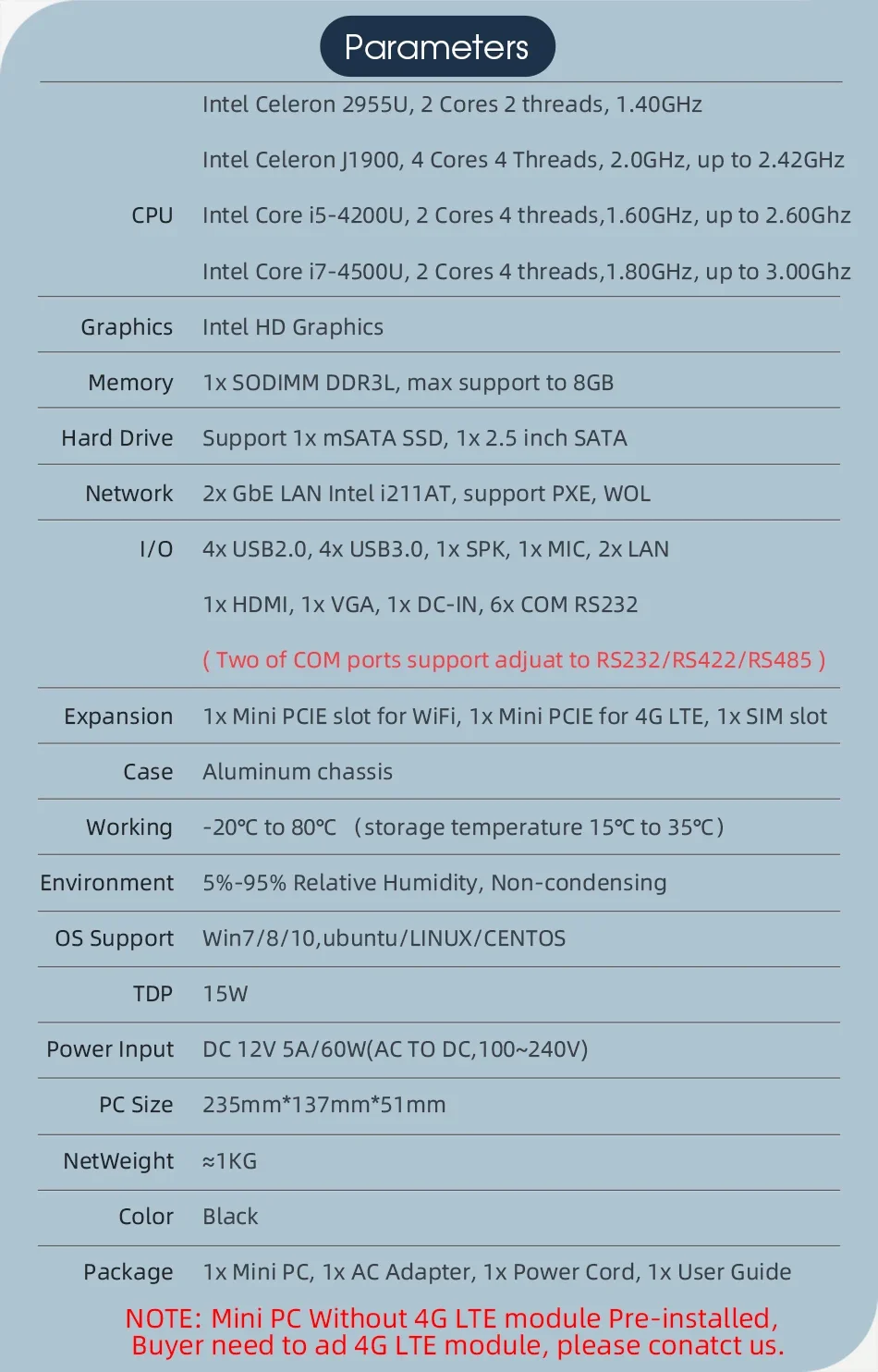 Mini PC industriel sans ventilateur, 8USB, 2x GbE LAN, 6x COM, RS232, RS422, RS485, 4G Permanence, WiFi, Windows 11, Linux, J6412, 2955U, I3, 8345U, I5, 10210U