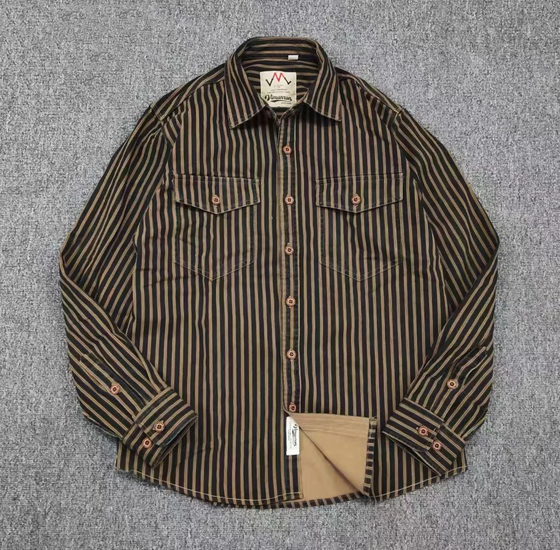 American Retro Striped Cargo Long Sleeved Denim Shirts for Men Spring Autumn Oversized Loose Men Shirts Jacket Coat Streetwear