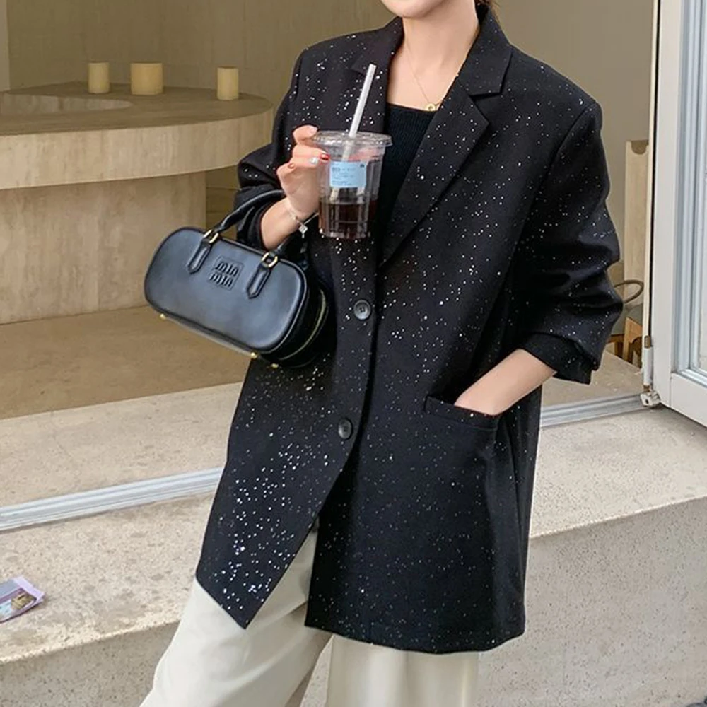 Light luxury high-end heavy craftsmanship black suit women's spring new small casual and thin temperament small blazer
