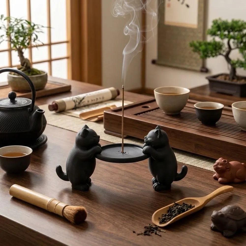 3D Printing Two Cats Incense Holder Minimalist Chinese Style Animals Incense Burner Black Handmade Incense Stick Holder