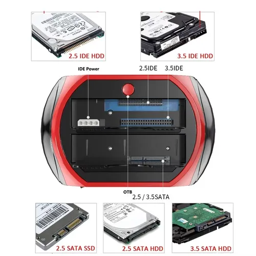 Imagen 2 del producto Unidad de disco duro externo 10 en 1 IDE SATA USB3.0 de doble bahía Estación de acoplamiento HDD de 2,5 pulgadas y 3,5 pulgadas Lector de tarjetas HUB de respaldo con un solo toque