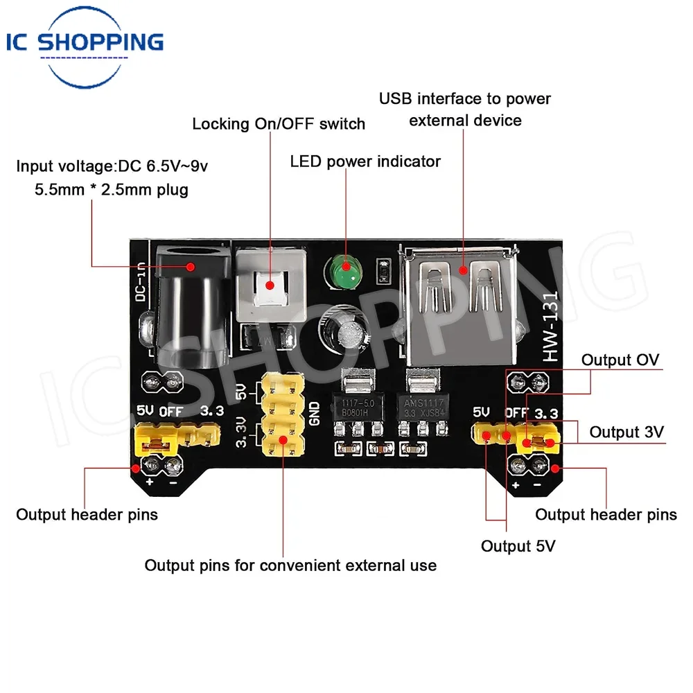 3pcs MB102 Solderless Breadboard Power Supply Module with 9V Battery Clip Power Cable 2.1x 5.5mm Male DC Jack Plug for 