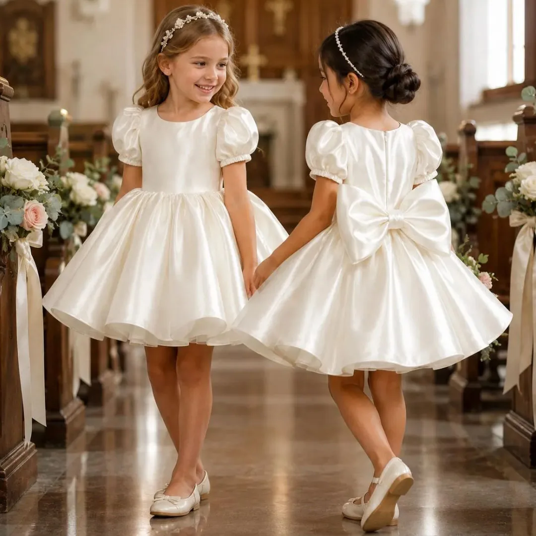 Customized Flower Girl Dress White Satin Puffy With Bow Short Sleeve For Wedding Birthday Prom Party Banquet Evening Ball Gown