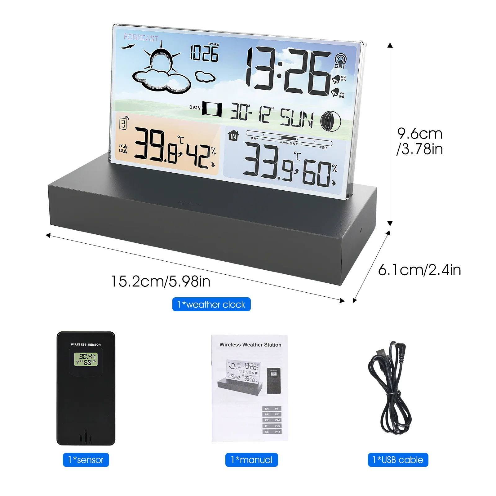 Wireless Weather Station Indoor Outdoor Thermometer Hygrometer with 3 Sensors, Digital Barometer Forecast Alarm Clock for Home