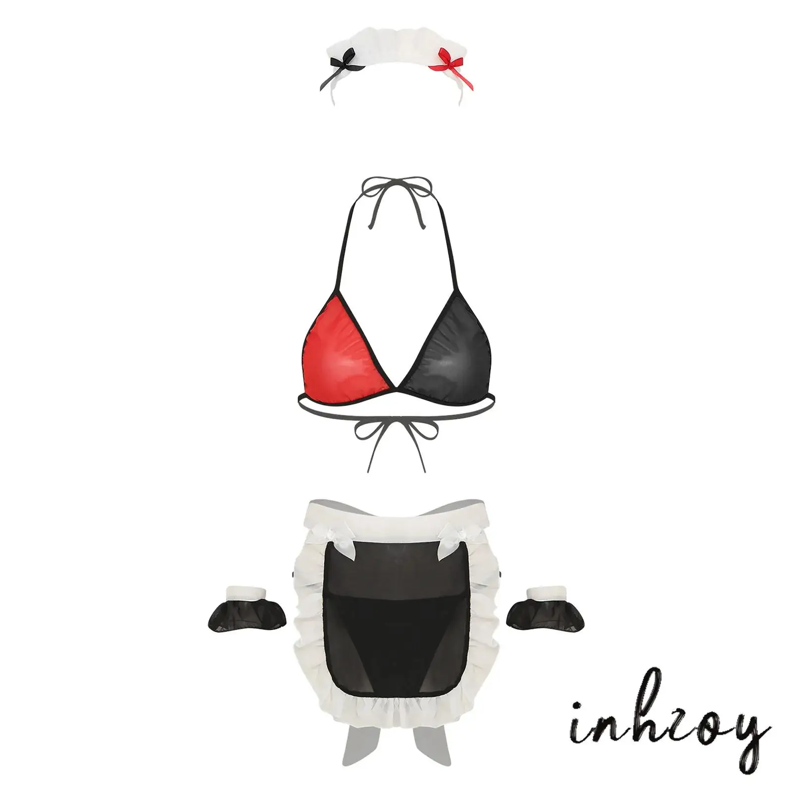 

Womens Maid Cosplay Lingerie Set Contrast Color Bra T-back Thong Ruffled Trim Apron Headwear And Wristbands 5-piece Couple Games