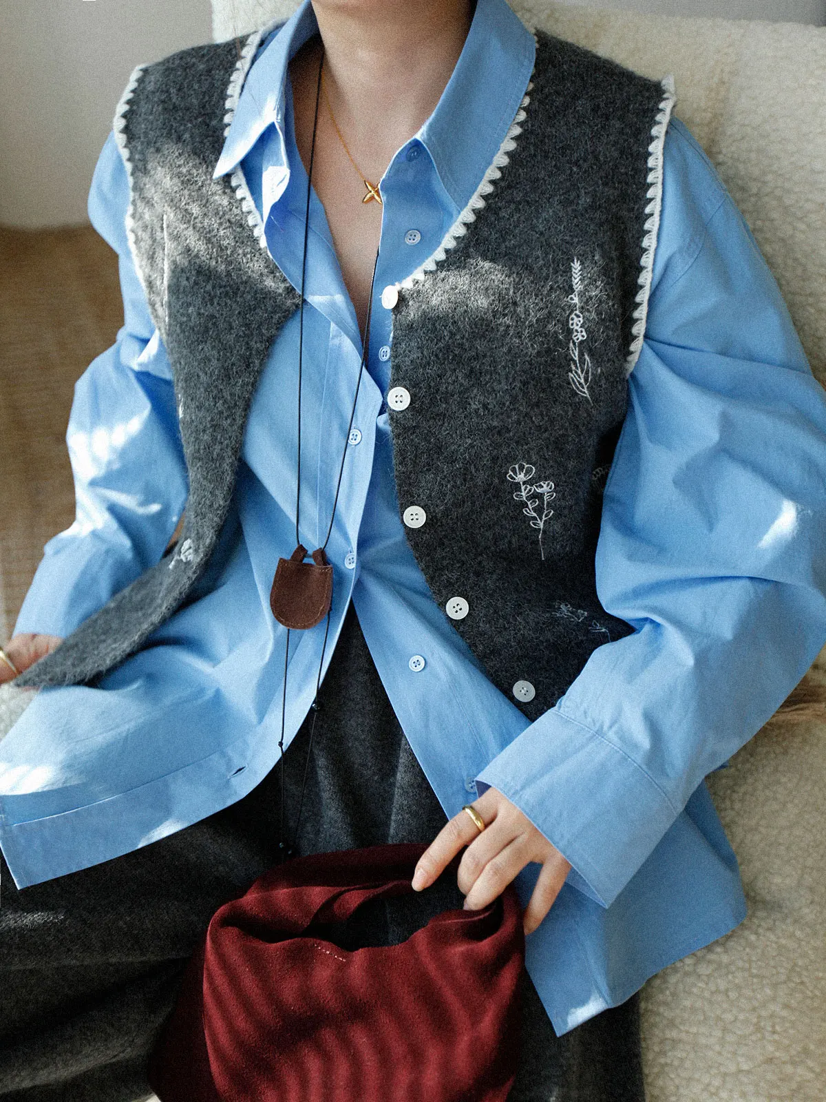 

Ast Editor Store ey Knitted Embroidered Women's Loose irt Versatile Outerwear Vest Casual College Sle round Ne