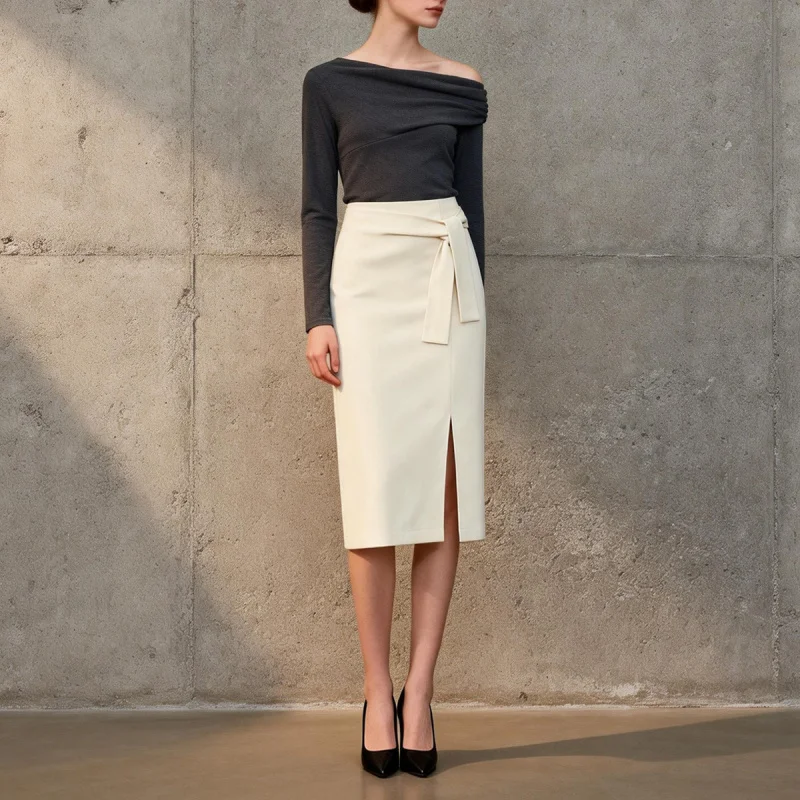 

A women's skirt with ties, new spring and autumn high-waisted slit pencil skirt, slimming straight skirt for petite figures