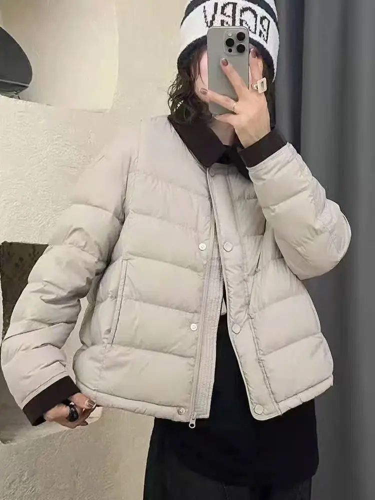 

Женская модная белая пуховая куртка с воротником-стойкой, в стиле пэчворк, теплая, зимняя новинка, для повседневной носки, прямого кроя