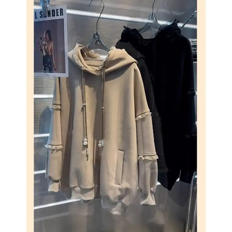 Women's Plus Size Lace Design Spliced Solid Color Fashion Versatile Warm Long Sleeve Hooded Sweatshirt for Autumn and Winter