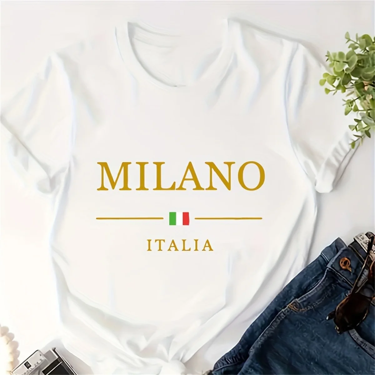Summer women's MILANO ITALIA letter graphic print fashionable casual sports loose round neck short sleeved T-shirt top