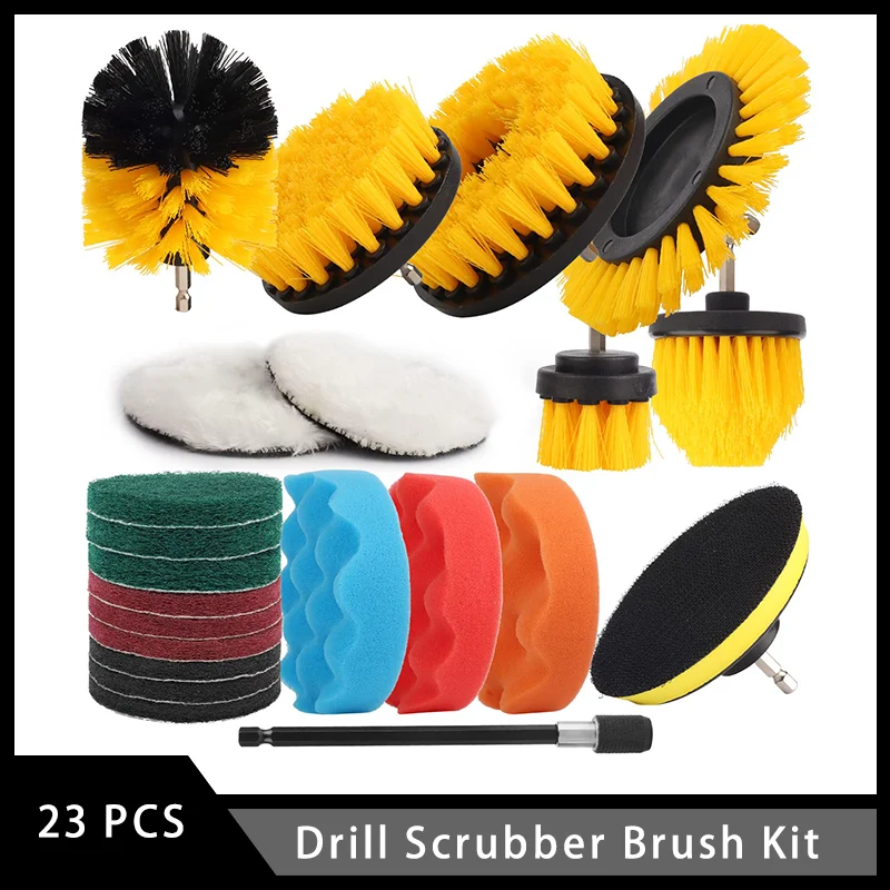 

Drill Scrubber Brush Kit 23 Pcs Includes All Purpose, Scrub Pads & Sponge with Extend Attachment for Car Surfaces Floor Tile