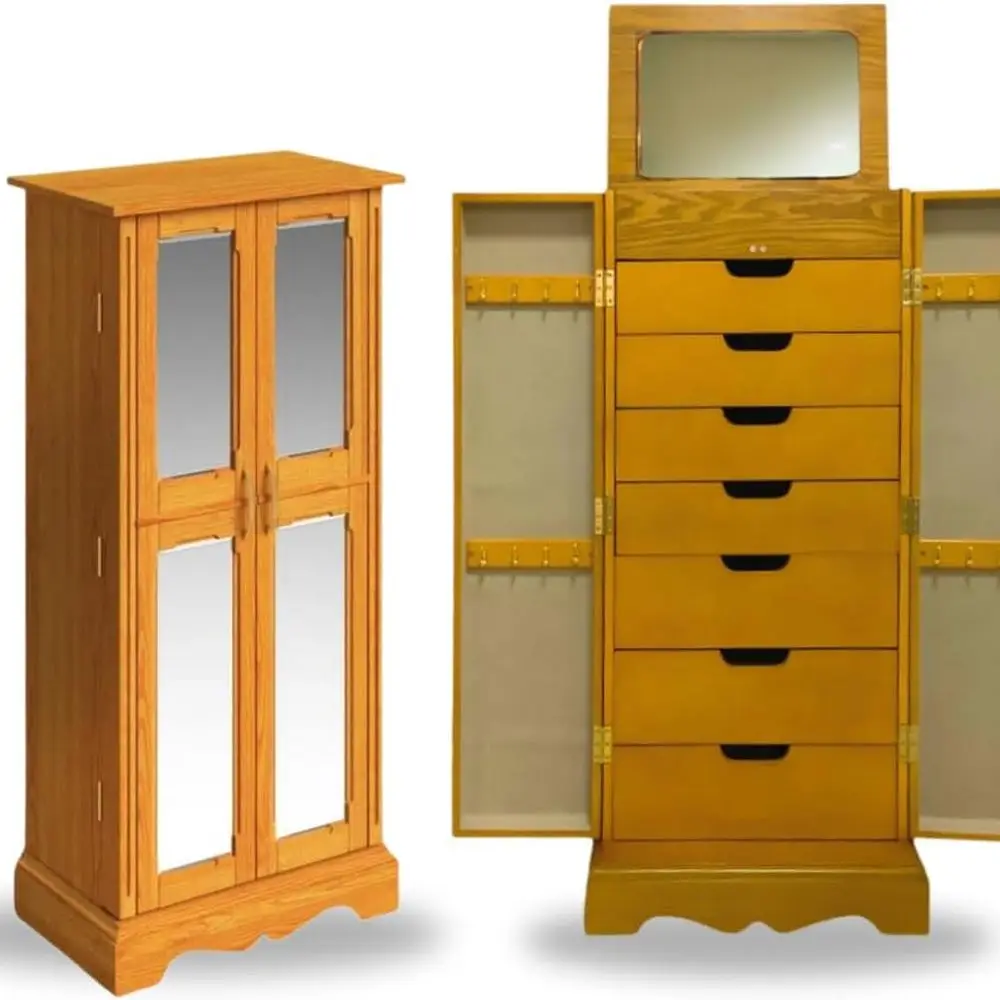 Walnut Standing Jewelry Armoire with Mirror, 7 Drawers, for Necklaces, Earrings, and Bracelets