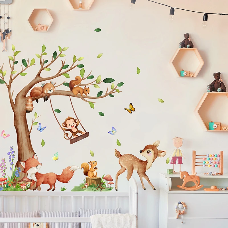 Forest Animals Large Tree Wall Sticker Monkey Fox Deer Kids Room Children Decals Nursery Home Room Décor Poster Mural Wallpaper