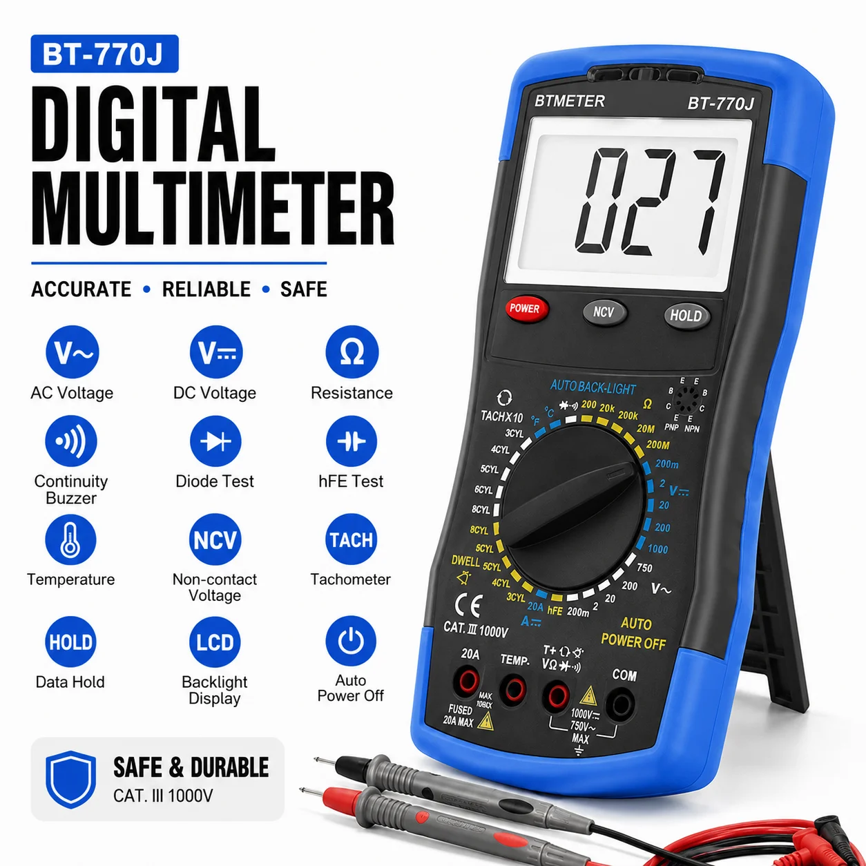 Automotive Multimeter HP-770J Manual Ranging RPM Dwell 20A NCV Tester HFE Temp CAT III 1000V for Car Engine Diagnostic