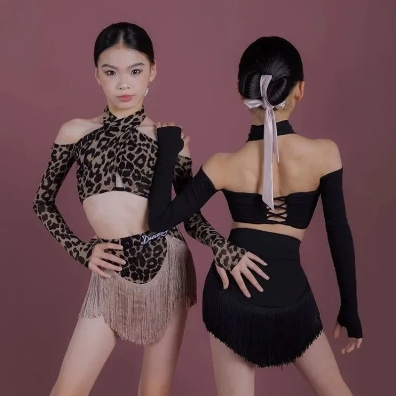 Vêtements de danse en ligne, costume de scène, jupe à franges, léopard, costume de concours de danse latine, vêtements de danse à pompon, tenue latine et américaine