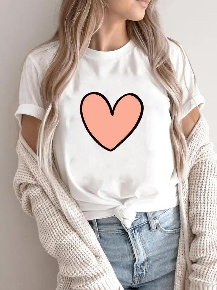 

Women Love Heart Sweet Trend Cute Short Sleeve Fashion Summer Graphic Tee Print Clothing T-shirts Cartoon Shirt Female T Top