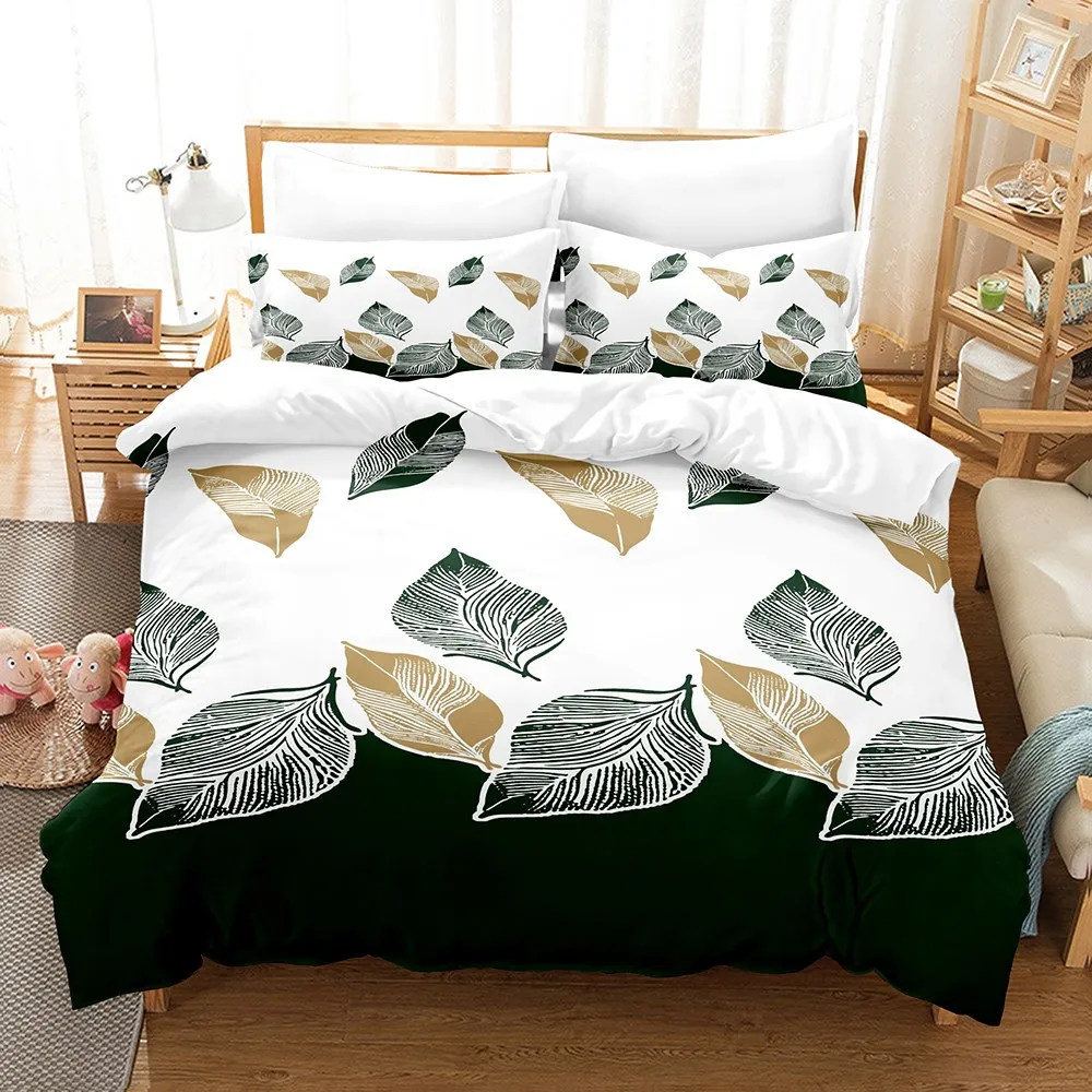 Nordic Leaf Duvet Cover Set 3Pcs White Green Gold Print Bedding Set With 2 Pillowcases No Filling Soft Microfiber All Sizes