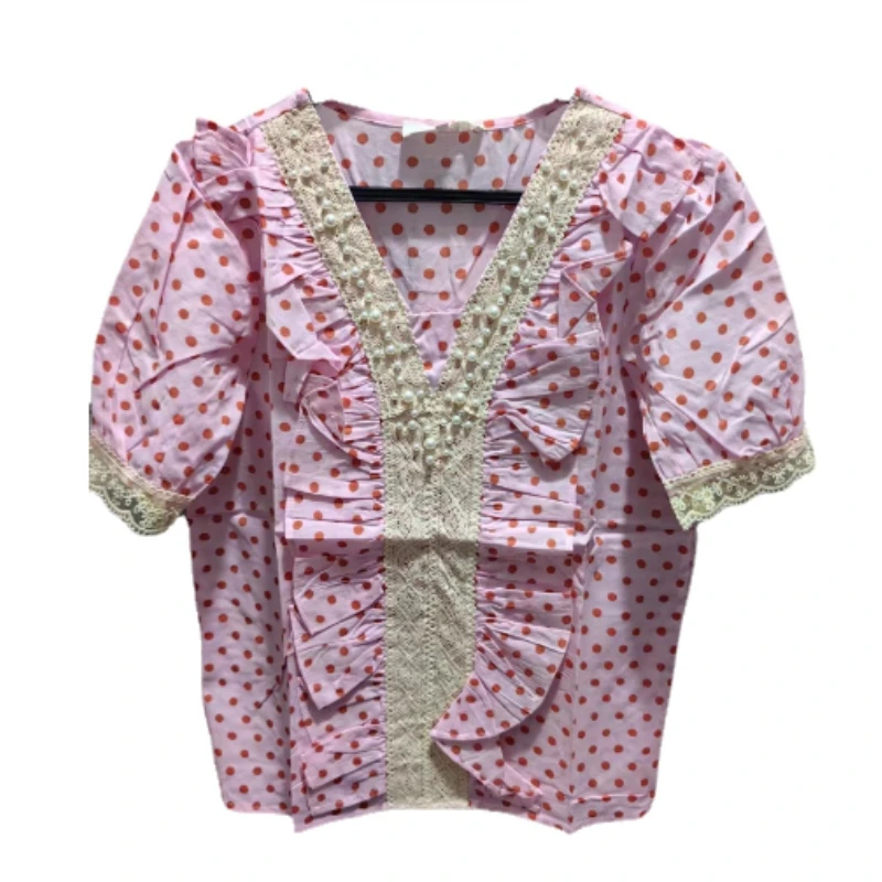 

2024 Spring Summer Polka Dot Shirt for Women Fashion Beaded Lace Stitching V Neck Pink Blouse Short Puff Sleeve Top Blusas Mujer