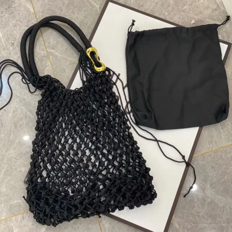 

Fashionable Black Knot-woven Hollow-out Woven Crochet Lightweight Shoulder Bag Rope Braided Women's Shopping Bag Large Capacity