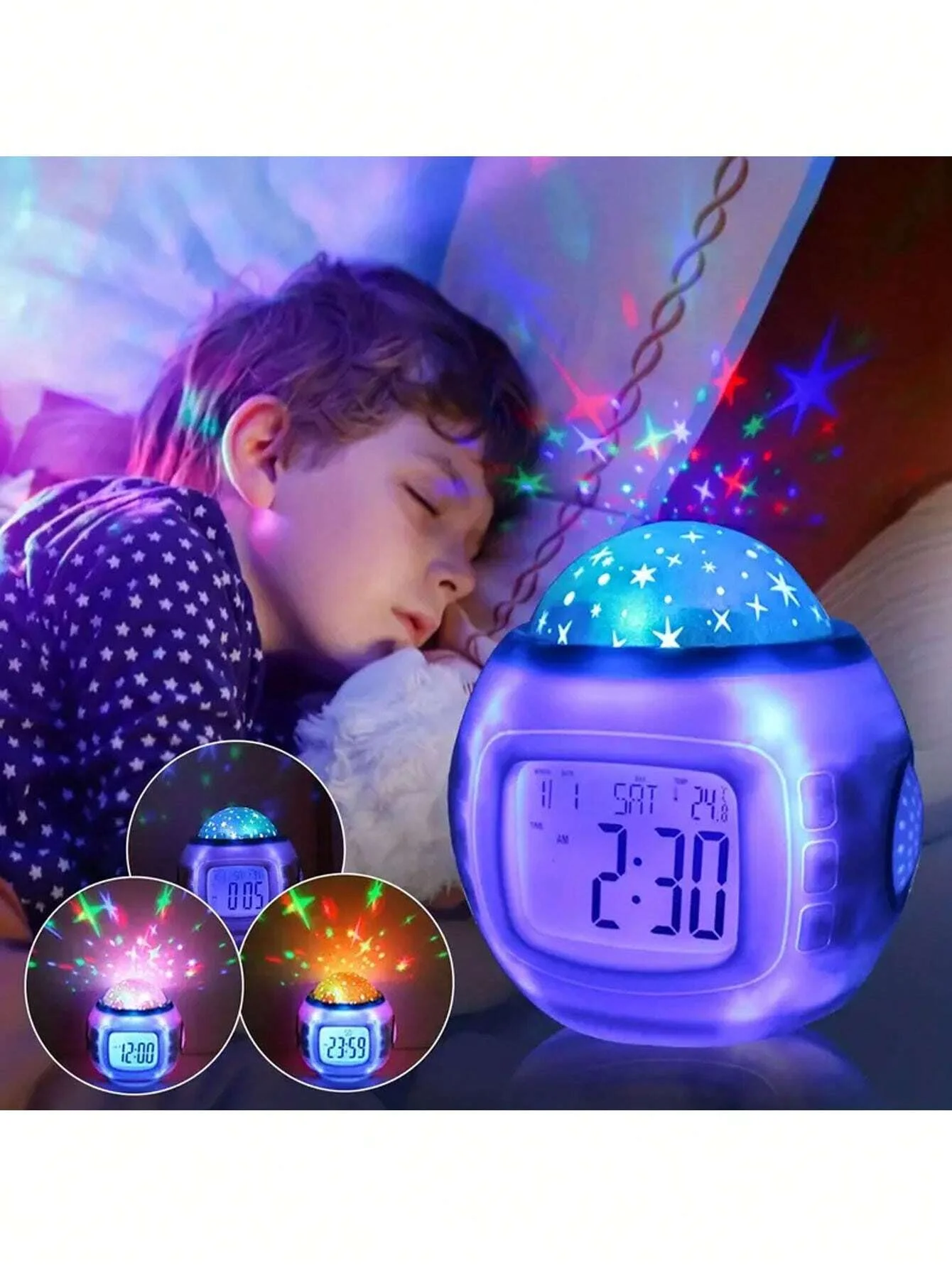 1pc Starry Sky Alarm Clock With Music And 7-Color Projection (Does Not Include 3 Aaa Batteries)