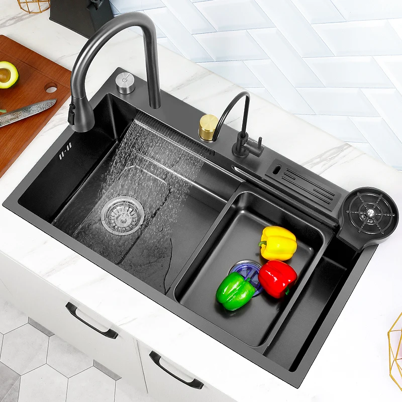 Kitchen Sink With Waterfall Faucet Stainless Steel Blcak Large Size Multifuctional Smart Basin Left Drain Above Counter