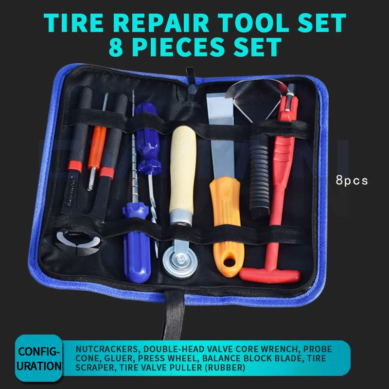 8-Pieces Automobile Tire Repairing Tool Set Valve Core Wrench Pressure Wheel Scraper Spatula Glue Probe Cone Set Type Repair Kit