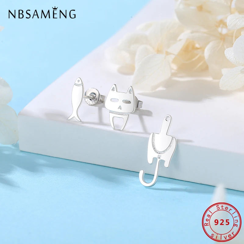 100% 925 Sterling Silver Stud Earrings Lovely Cat Fish Pet Earings Piercing For Women Fine Jewelry Gifts