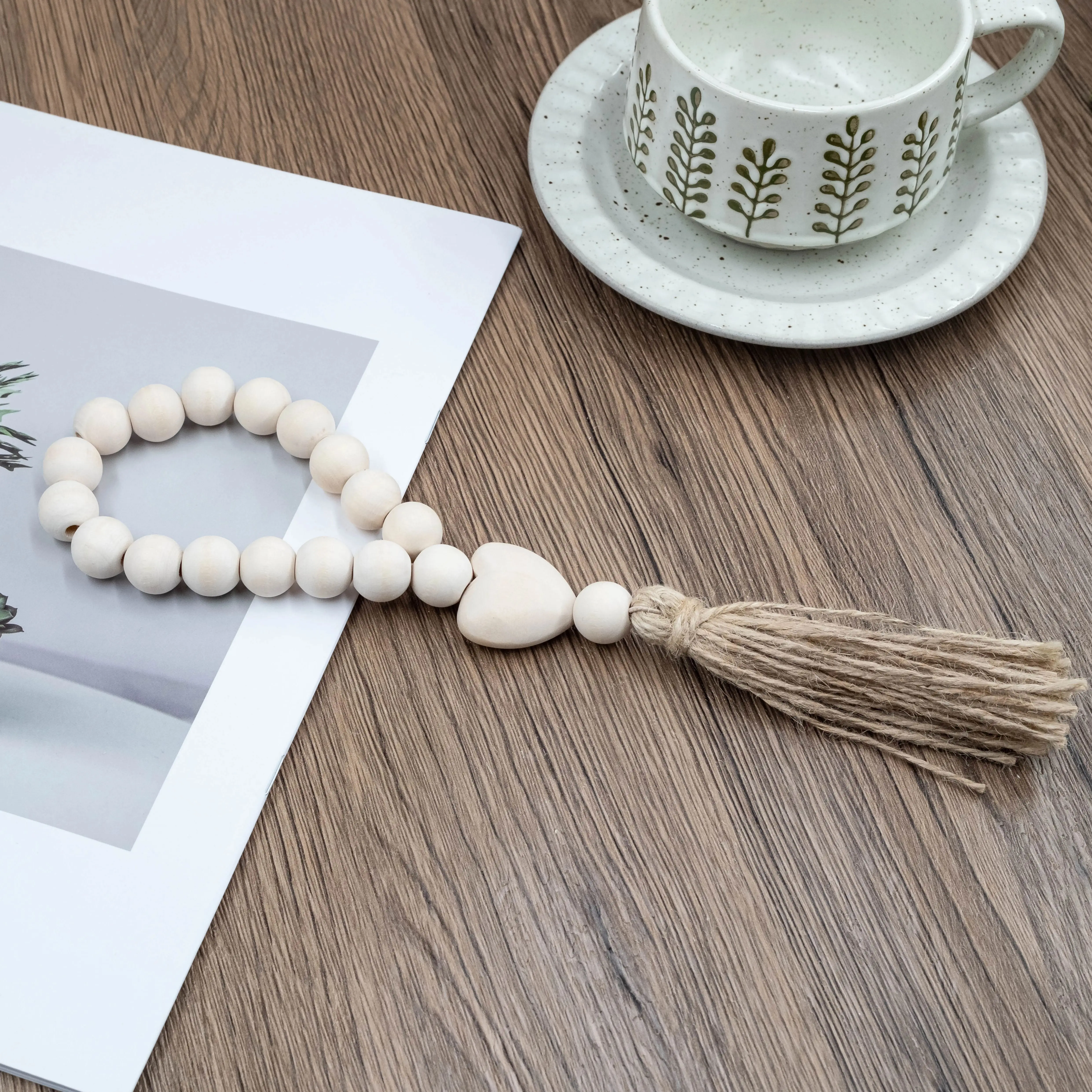 2Pcs Log Color Wood Bead Garland Rustic Wall Hanging Hemp Rope Tassel Beaded with Heart Knot Woven Pendant Home Decoration