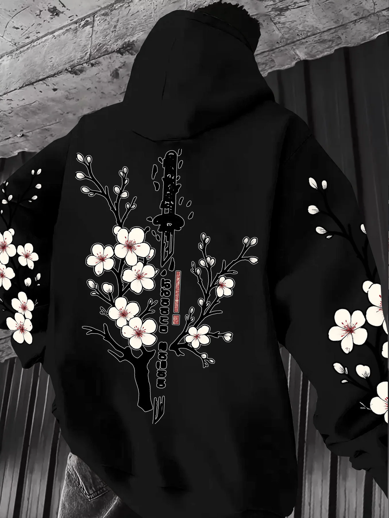 Trendy fashion cherry blossom sword shadow printed hooded sweatshirt Y2K Oriental elements couple unisex hoodie
