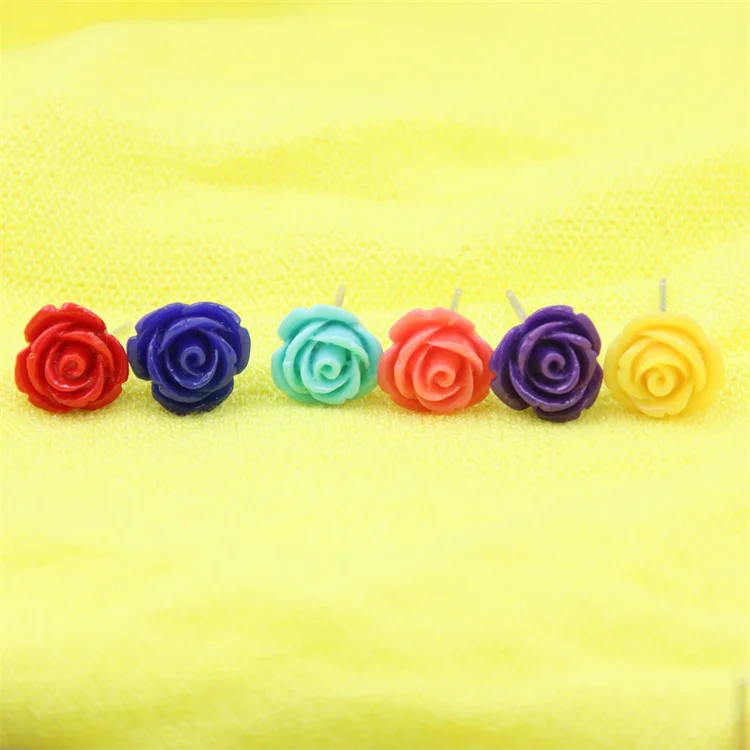 ZFSILVER Fashion Multicolor Sweet Lovely Simple Resin Silver 925 Rose Flower Stud Earrings For Students Female Women Girl Gift