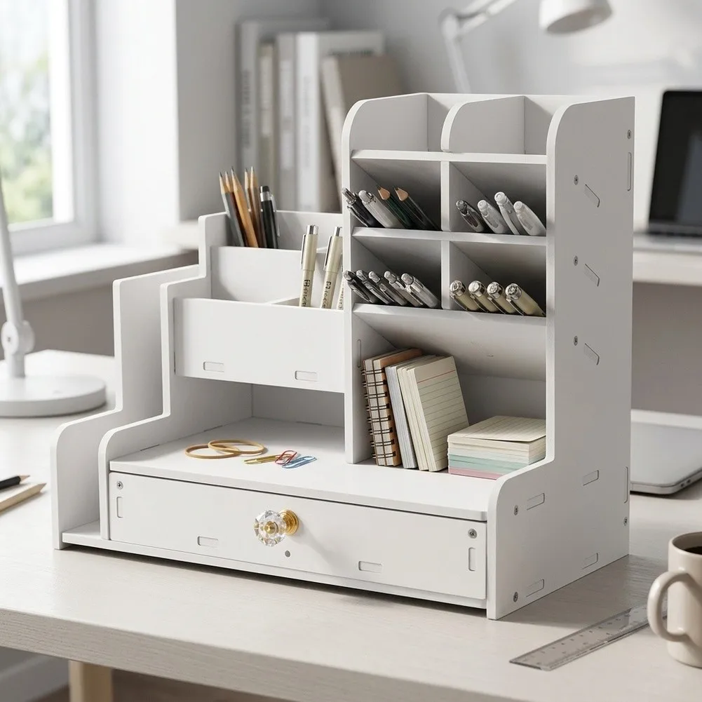 Wood Composite Desktop Organizer Designed for Efficient Storage of Pens Pencils Rulers Erasers and Other Stationery Items