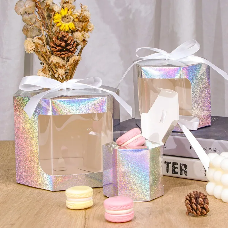 10 Stück Kuchenboxen Verpackungspapiertüten Sechseckige Süßigkeitenschachteln mit Klarem PVC-Fenster Geburtstagsgeschenkbox Präsent-Süßigkeitenverpackung