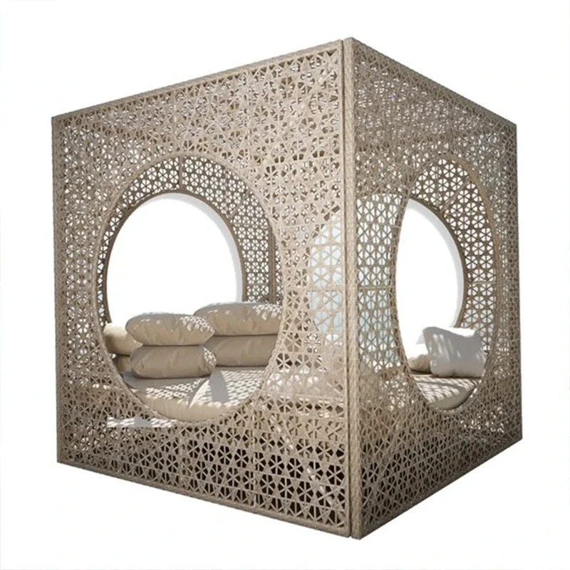 Outdoor sunbathing bed rattan square three-dimensional bird's nest sofa bed set