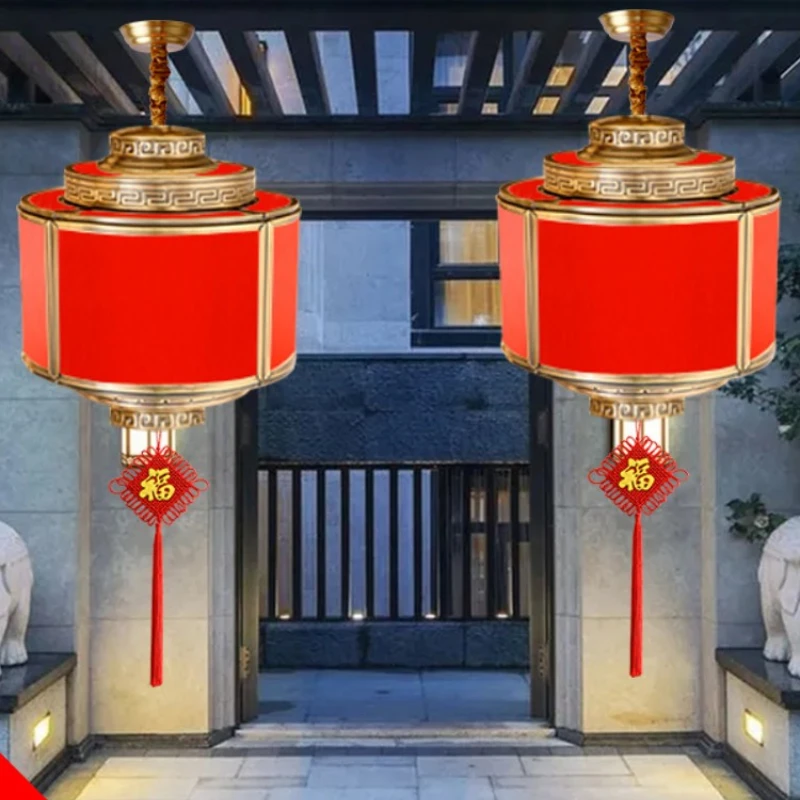 All Copper Villa Door Balcony Outdoor Chinese Style Housewarming Luminous Wedding Glass Decorative Waterproof Red Lantern