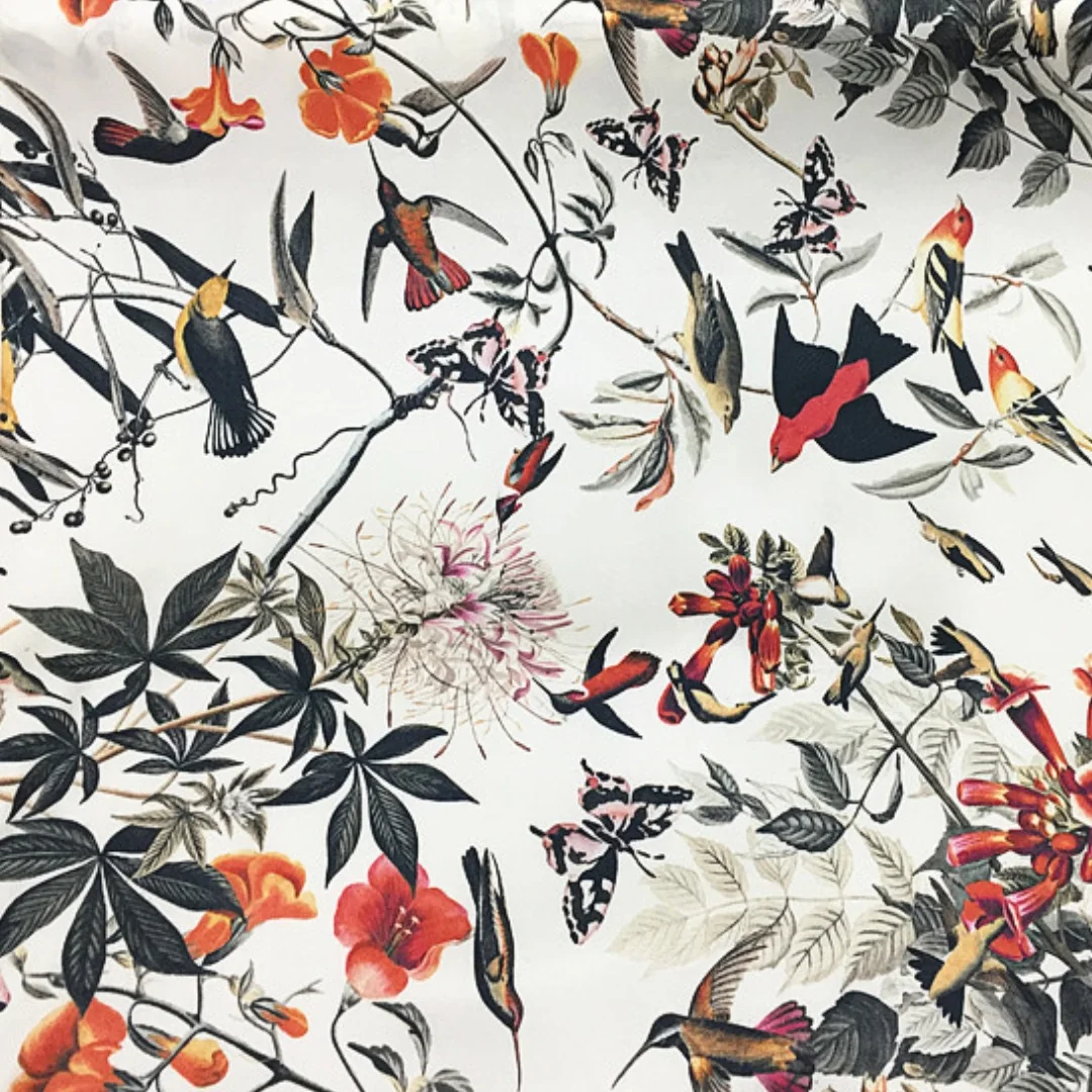 1 meter 95% Mulberry Silk 5% Spandex 19 momme Charmeuse Silk Fabric Birds and Flowers Printed 105cm 41