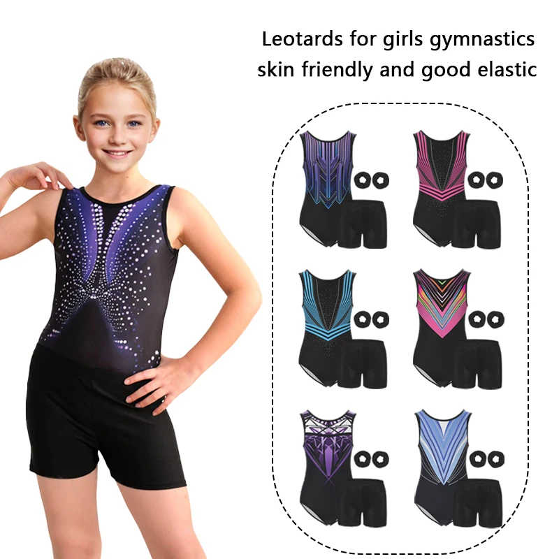 Mädchen-Gymnastik-Trikots für Kinder, wassertropfender Rücken, Tumbling-Activewear-Outfits mit Stirnbändern und Shorts für Tanzgymnastik