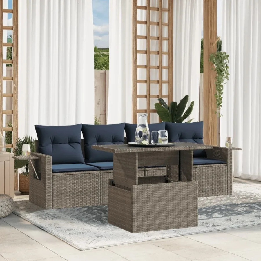 

5 Piece Patio Sofa Set with Cushions Gray Poly Rattan