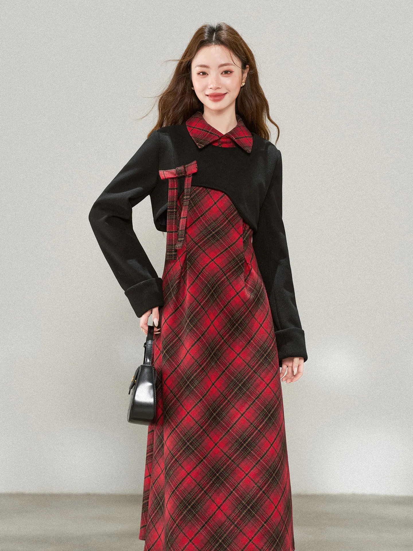 

Winter Plaid Dr And Vest Set Women's New Year's High Waist A-Line Skirt Long Sve Warmth Faionable Two-Piece Ensemble