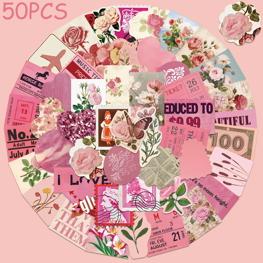 

50pcs Pink Vintage Flower Stickers Decals For Phone Laptop Suitcase Skateboard Guitar DIY Aesthetic Stickers Creative Gifts