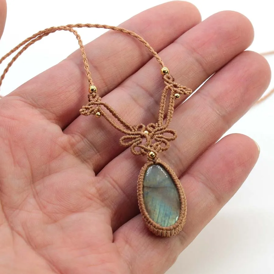 Charms Handmade Braided Macrame Spectrolite Stone Pendant Necklace For Women Natural Labradorite Weave Adjustable Men Jewelry