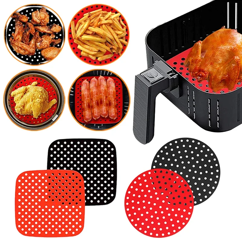 Air Fryer Lined Silicone Pad 7.5/8/8.5/9 Inch Square Round Heat-Resistant Non-slip Reusable Pot Mat Kitchen Accessories Gadgets