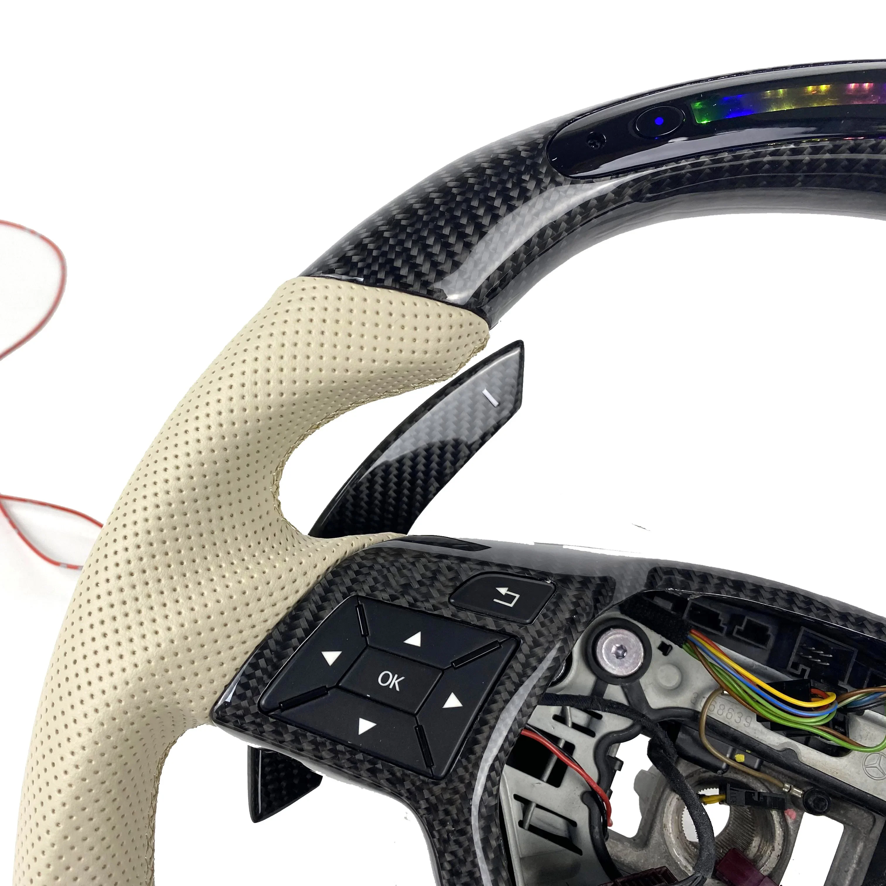 for Mercedes Benz A45 AMG CLS S-Model W176 C63 W204 CLA Customized carbon fiber steering wheel beige leather LED