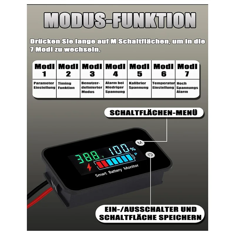 AS94-IPX7 Monitor batteria impermeabile con staffa 7-100 V, misuratore batteria per carrello da golf per auto, moto, cicalino, allarme e temperatura