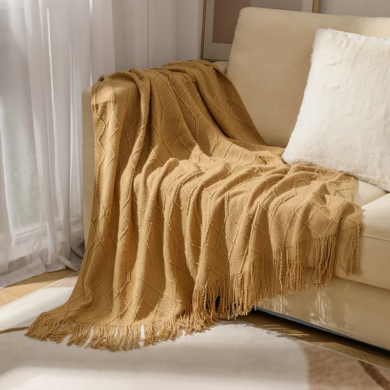 Inyahome-Knitted Plaid Blankets with Tassel, Monochromatic Throw Blanket for Bed and Sofa, Home Textile Fashion, All Season