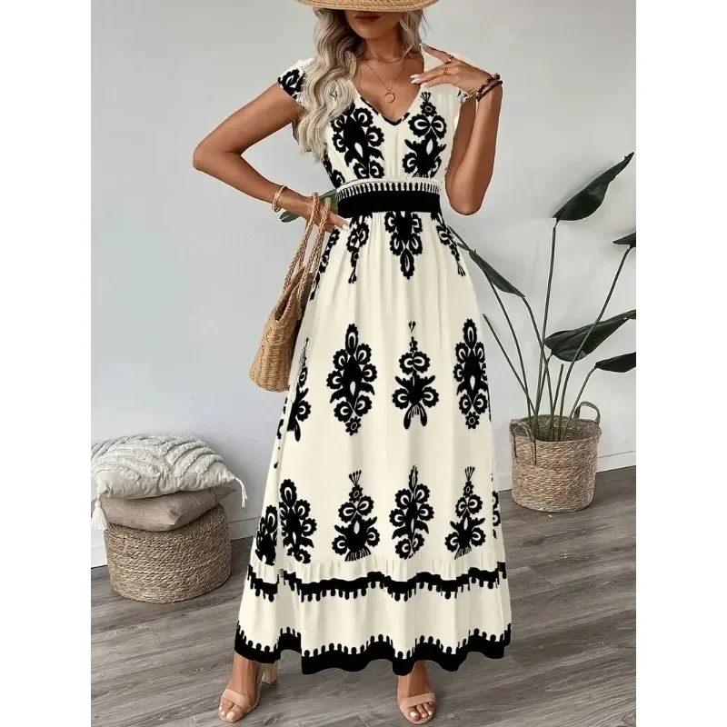 Modisches Damen-Partykleid mit V-Ausschnitt und Taille, lässig, bedruckt, bequem, kurzärmelig, langes Kleid