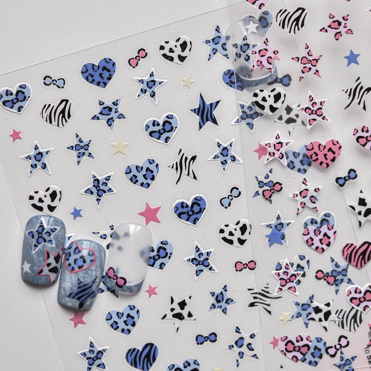 핑크 블루 황갈색 레오파드 프린트 보우 노트 스타 러브 하트 지브라 스트라이프 보우 타이 네일 아트 스티커 데코레이션 매니큐어 데칼