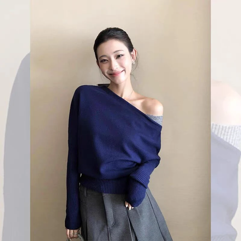 2025 Korean Version Office Color Block Diagonal Shoulder Long Sleeve Knitted Sweater Women's Elegant off Shoulder Soft Top