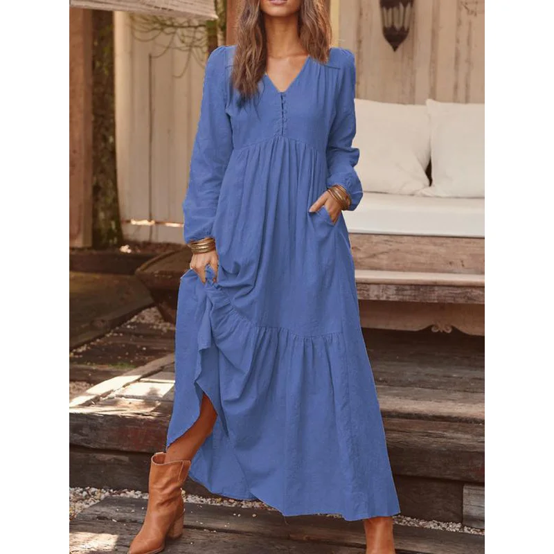 Polychrome Autumn and Winter 2023 Women's Clothing V-Neck Button Cotton Linen Retro Casual Long Sleeves Large Swing Long Dresses