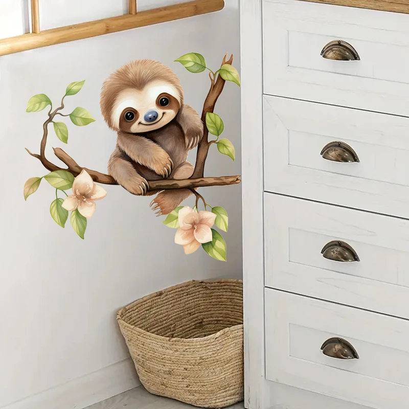 Cute Sloth on the Flower Branch 3D Vinyl Stickers for Home Decorations Aesthetic Room Wall Door Window Fridge Cabinet Art Mural