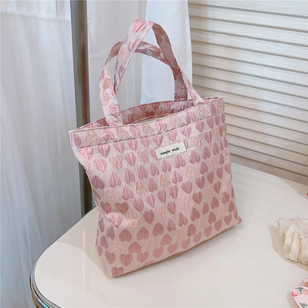 Thick Canvas Female Shoulder Bag Pink heart Vintage Jacquard Books Handbag Large Tote For Women Shopping